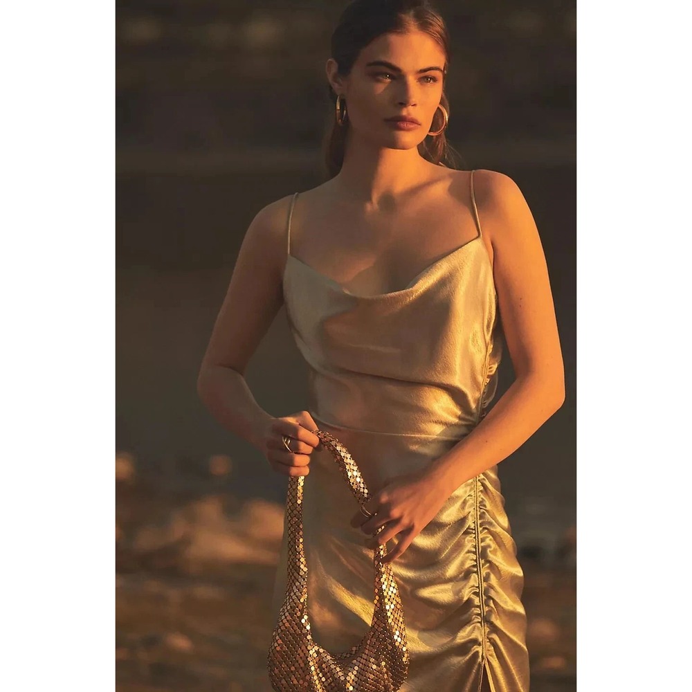 EVENING DRESS BHLDN S JENNINGS LIQUID GOLD BRONZE SACHIN BABI SLIT NWT  SIZE 2